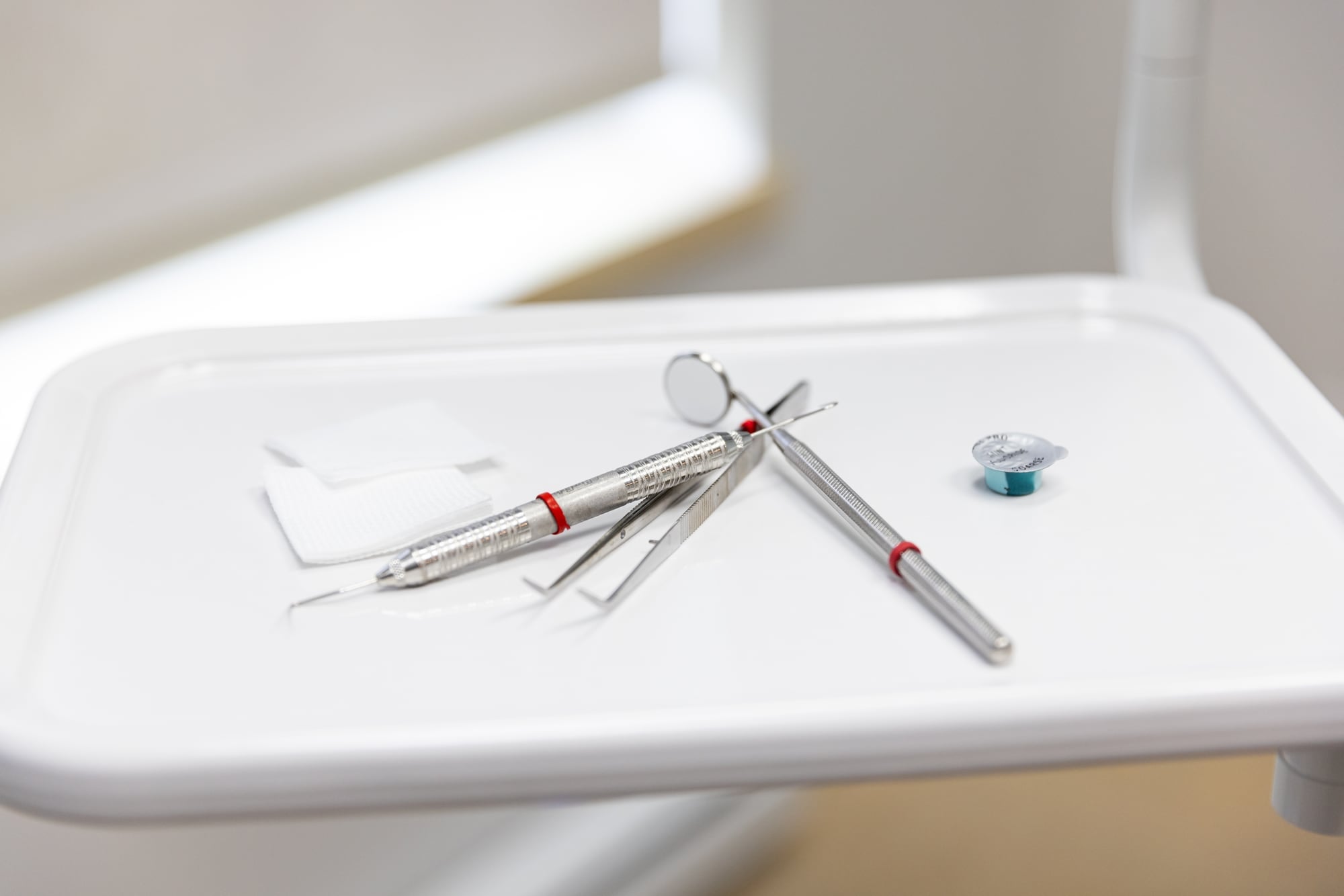 Dental instruments on the tray of a treatment room